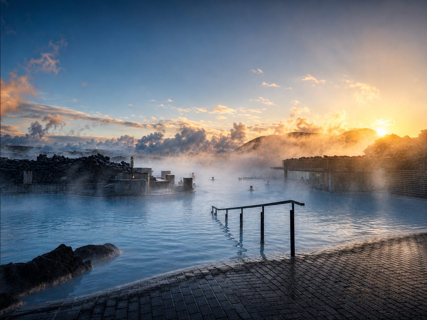 Bathers in geothermal water at sunrise