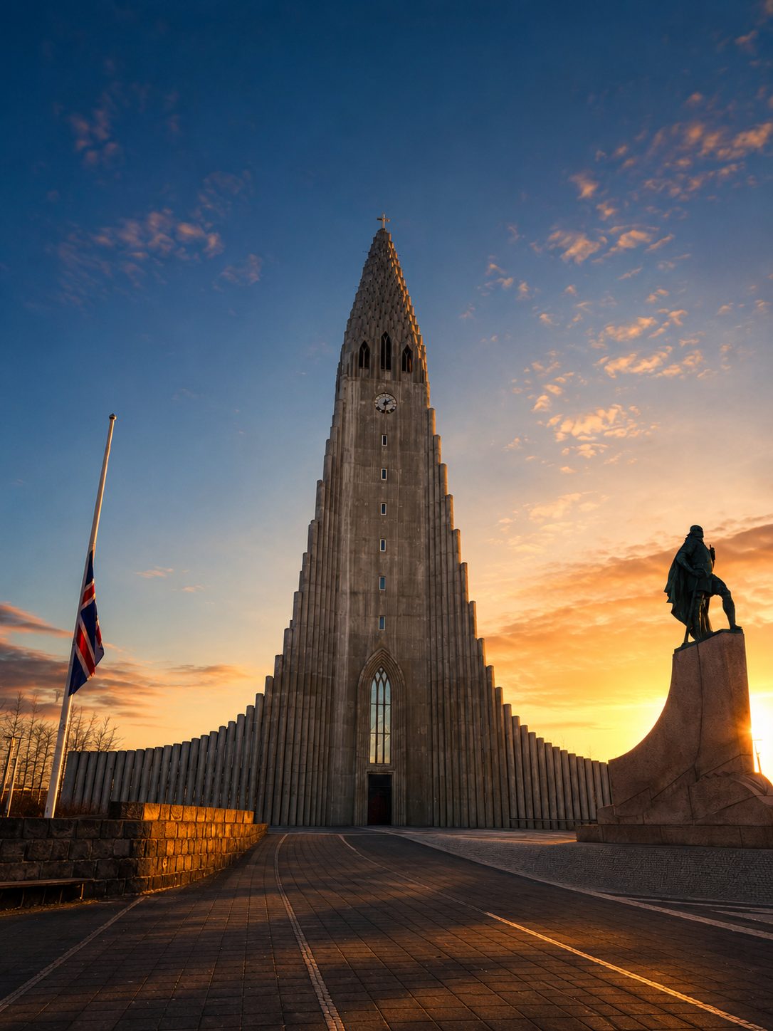 Hallgrímskirkja church at sunrise in Reykjavík
