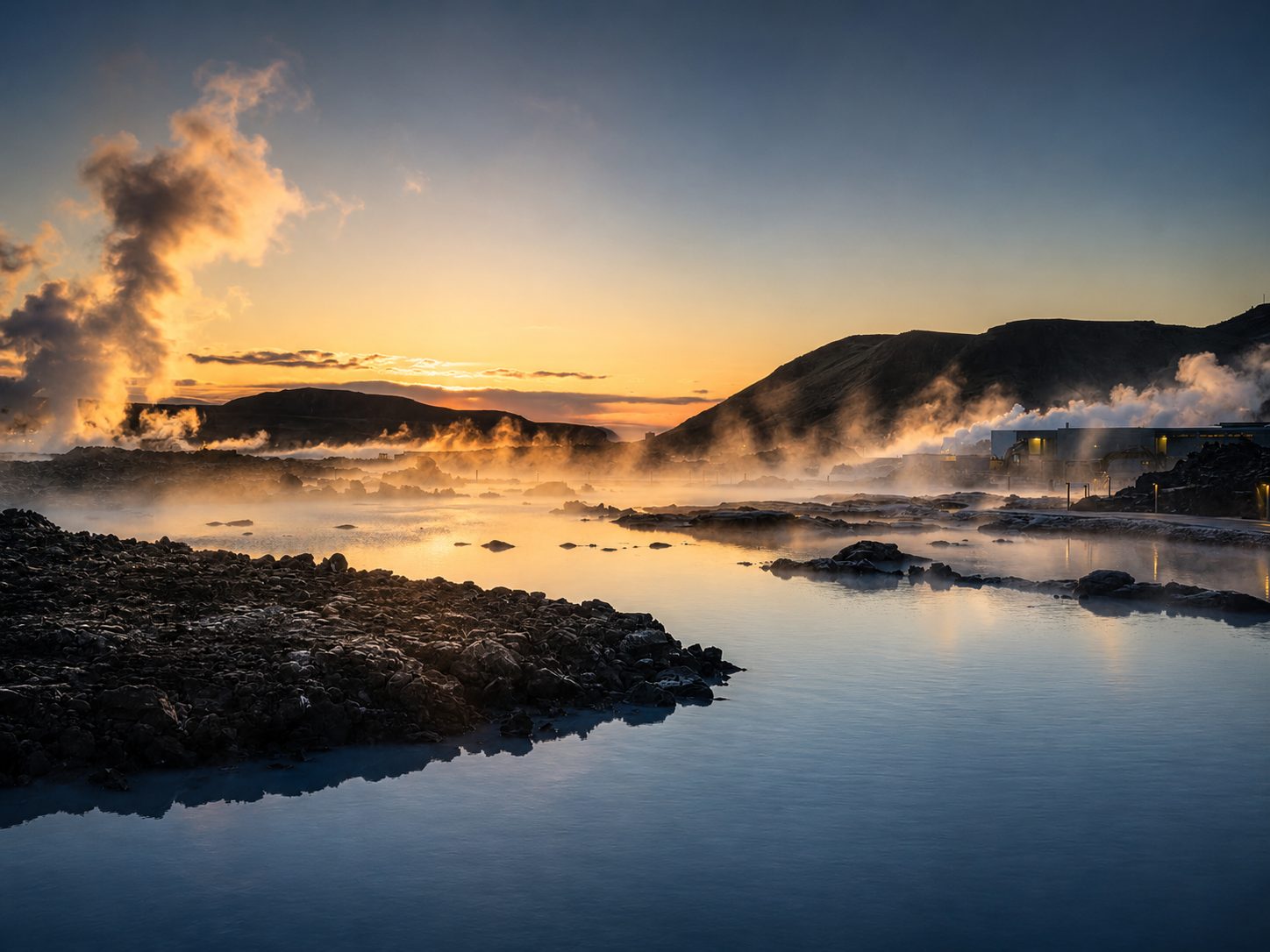 Steam and still water at dusk on the Reykjanes peninsula