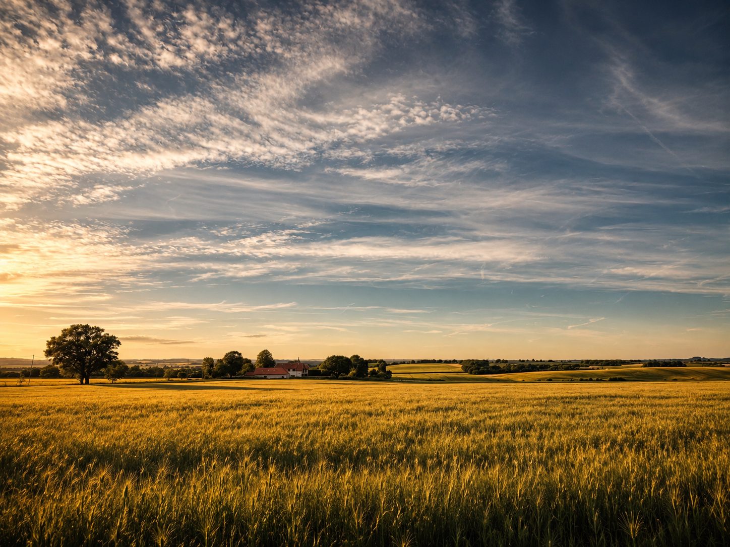 A wide barley field on the Oxford plains at dusk